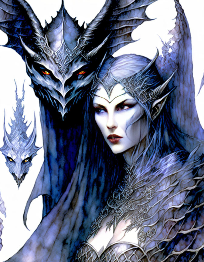 Fantasy elf in silver armor with two dragon-like creatures