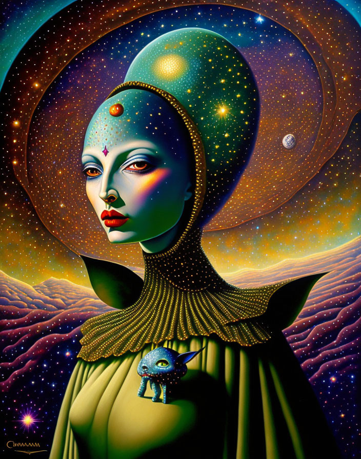 Surrealist portrait of an alien woman with galaxy headdress and blue creature against cosmic backdrop