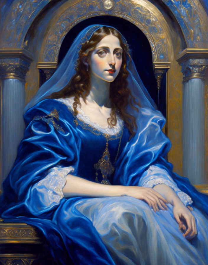 Woman with Long Brown Hair in Elaborate Blue Gown Against Arched Background