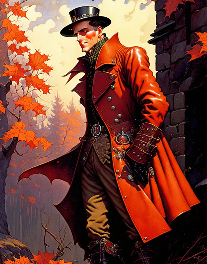 Victorian-era man in top hat against autumn forest backdrop