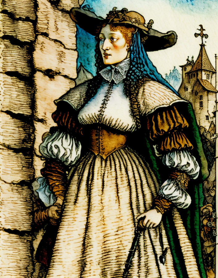 Illustration: Woman in vintage dress with puffy sleeves, corset, wide-brimmed hat