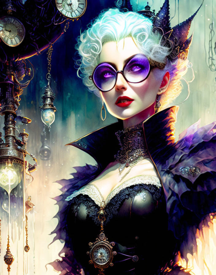 Stylized gothic female figure with white hair and purple glasses among clocks and lanterns