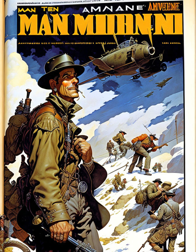 Vintage-style illustration: Pilot, propeller plane, soldiers climbing snowy mountain