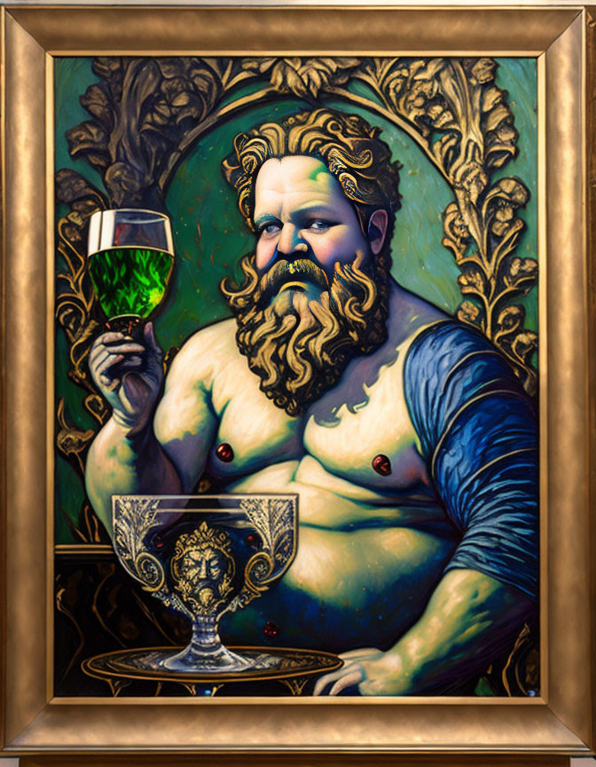 Bearded man with green liquid and goblet in ornate gold frame