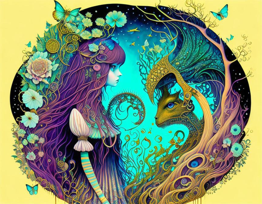 Colorful girl with purple hair and golden crowned seahorse in whimsical starry scene