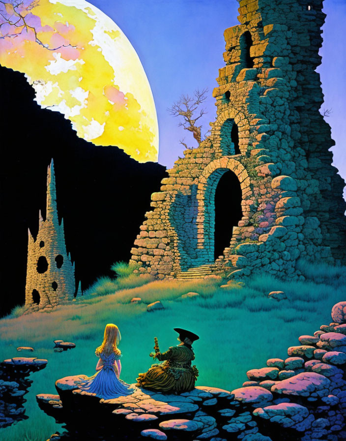 Fantasy illustration of person in hat with girl, ruins, and large yellow moon