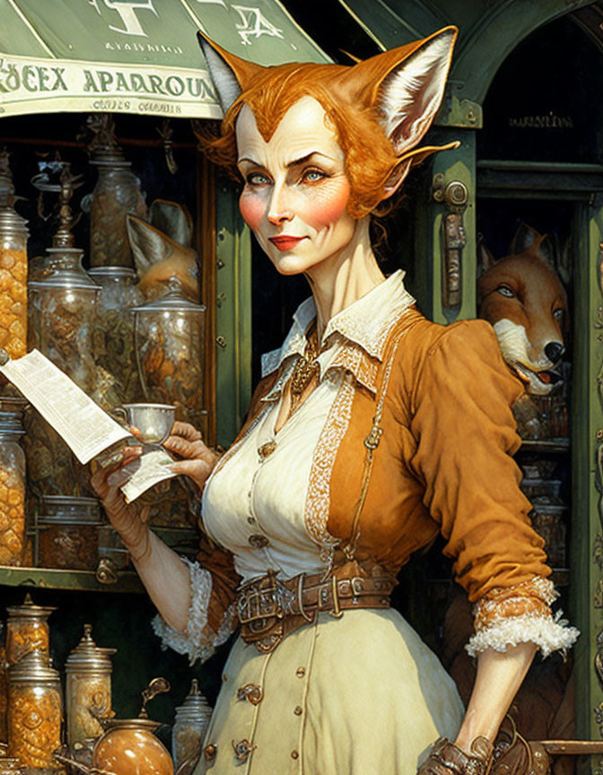 Fox-Headed Woman in Vintage Clothing with Paper in Front of Shelf