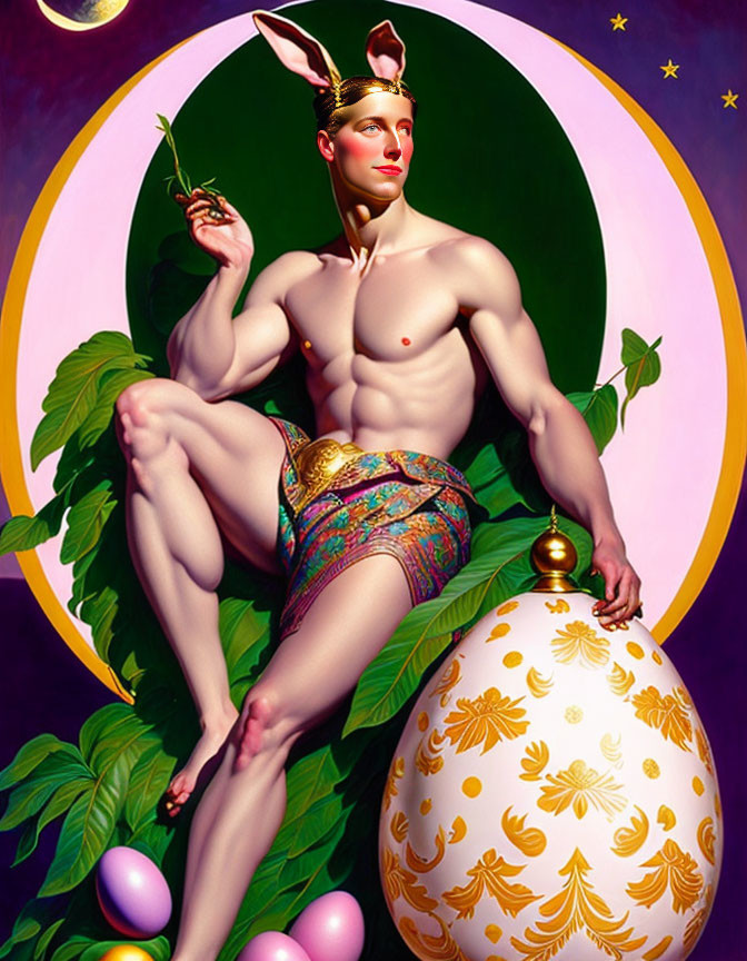 Male figure with bunny ears holding ornate egg in pastel frame surrounded by greenery