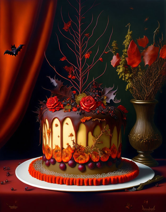 Luxurious Halloween cake with candle-like icing, red roses, autumn leaves, dark branches, and ants