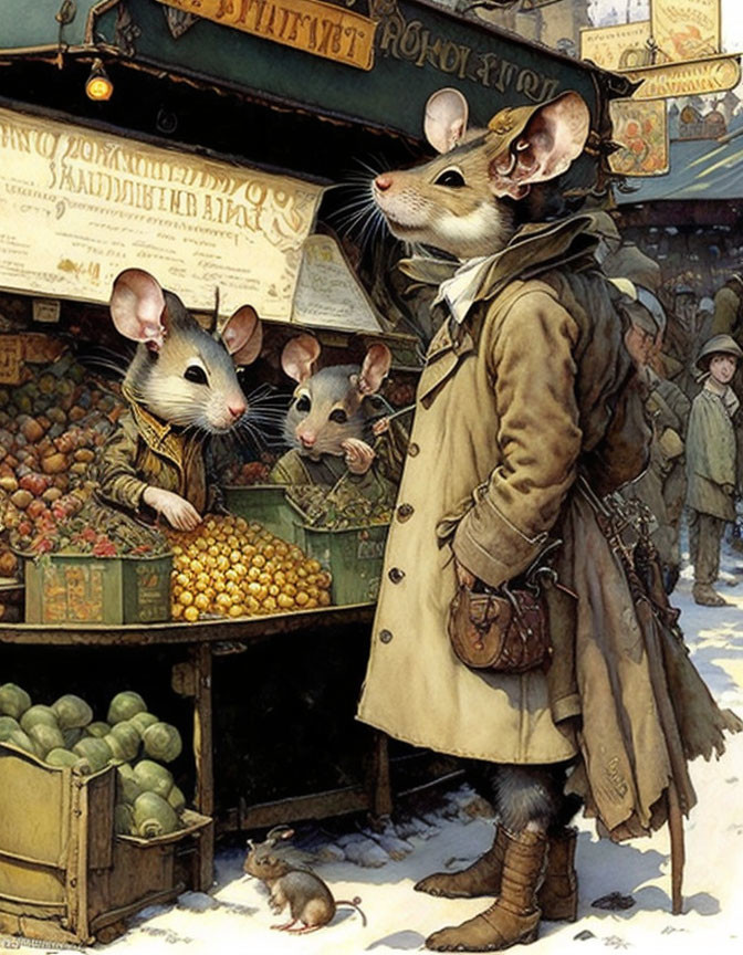 Vintage anthropomorphic mice shopping for fruits at market stall