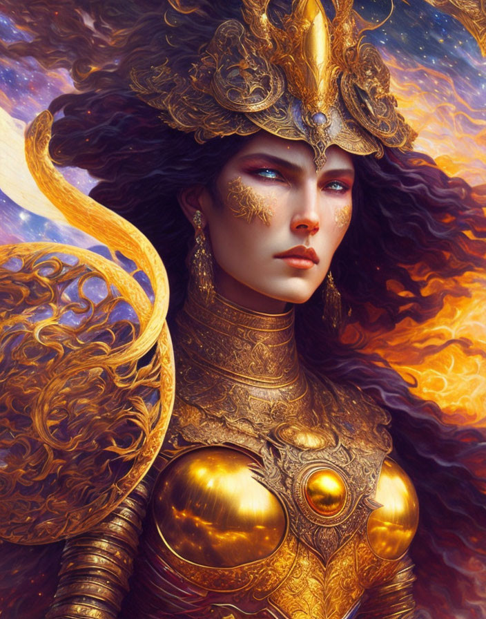 Illustrated female figure in ornate golden armor on cosmic backdrop