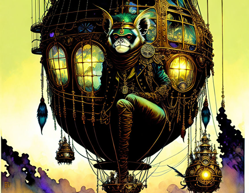 Whimsical lemur piloting steampunk airship in dusky sky