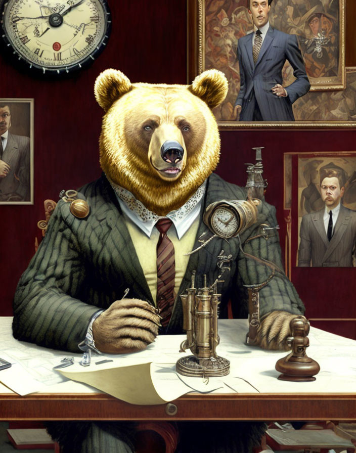 Bear in human attire at vintage desk with man and historical portraits