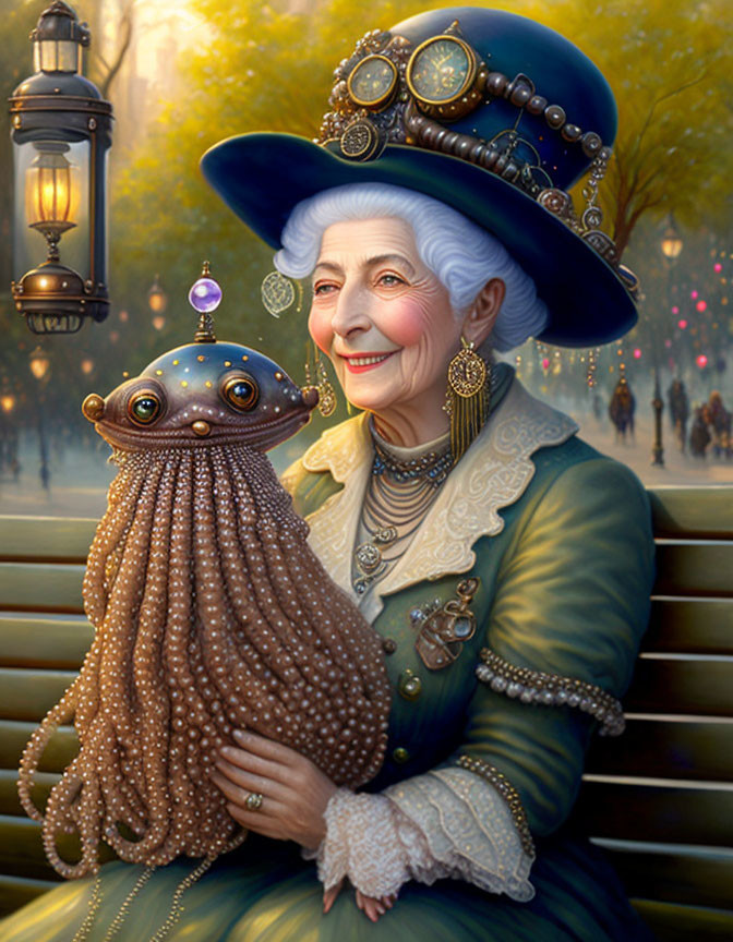 Elderly woman in Victorian attire with steampunk octopus.