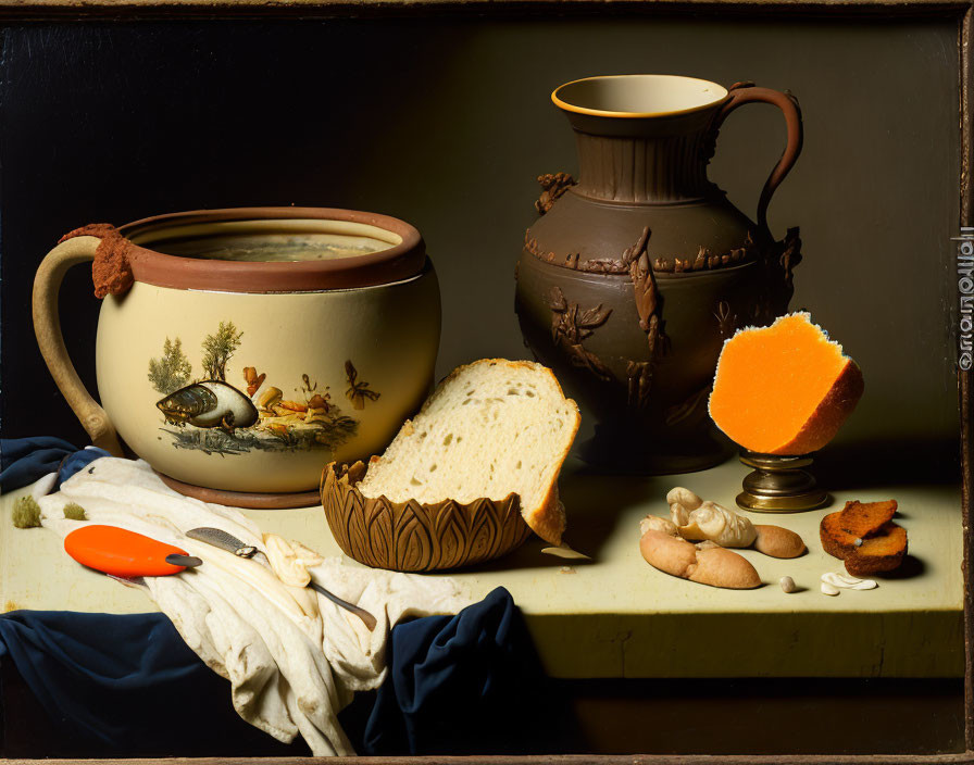 Terracotta pot, jug, bread, cheese, nuts, and sponge on cloth