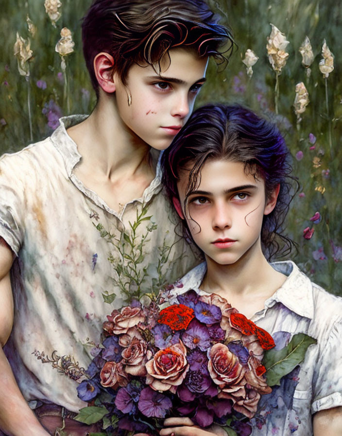 Ethereal young males with flowers in nature setting