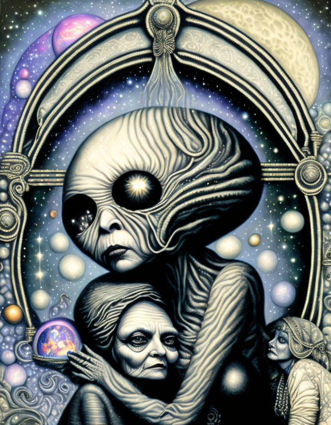 Illustration of alien and humanoid figures in cosmic setting