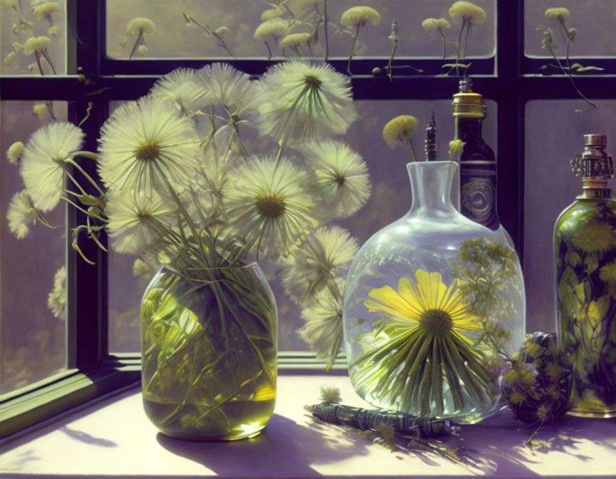 Still Life Painting: Dandelions, Daisy, Glass Paperweight, Ornate Bottles, Window