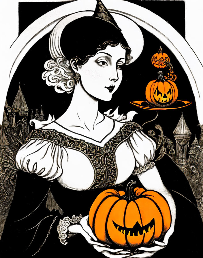 Monochrome illustration of woman in vintage costume with witch hat holding pumpkin