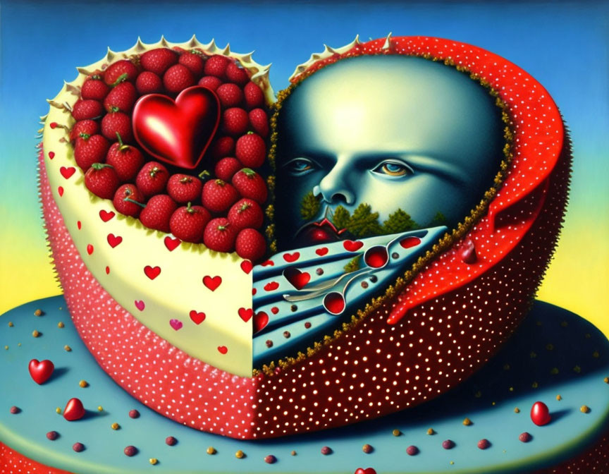 Surreal painting: Two faces in heart-shaped cake with floating heart