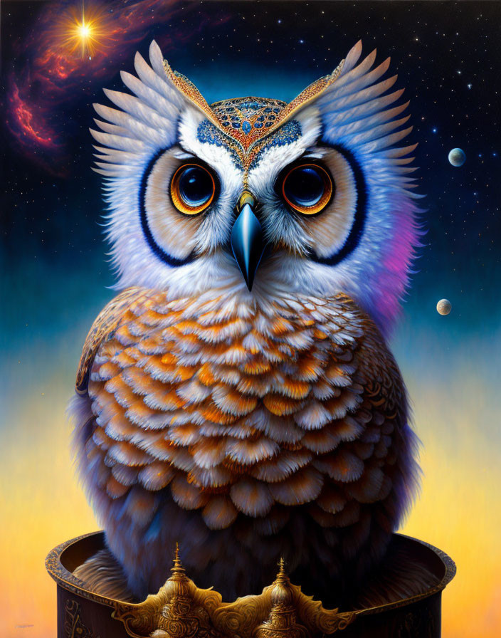 Detailed Owl Illustration on Ornate Stand Against Cosmic Background