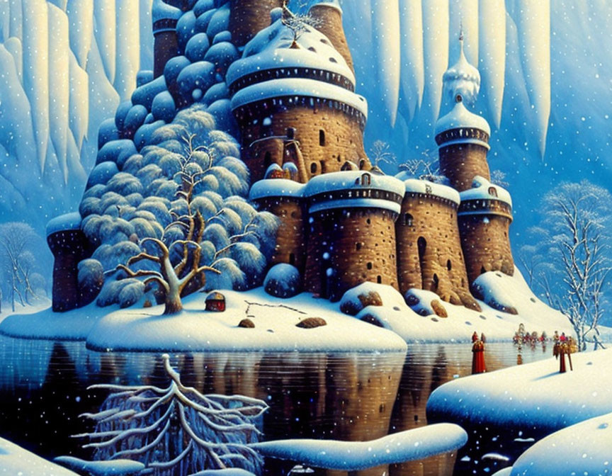 Enchanting snow-covered castle in whimsical winter scene