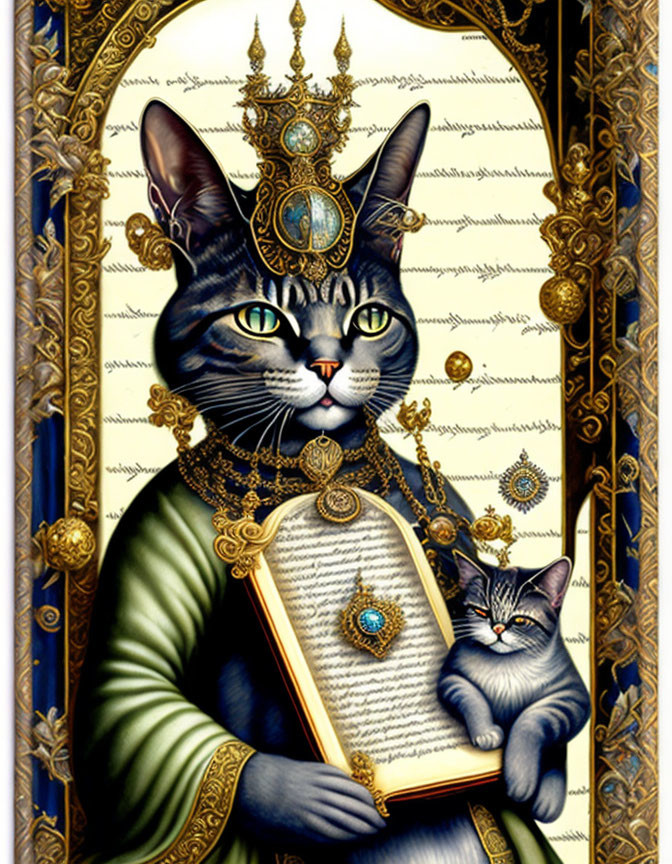 Regal cat with crown and book, adorned with jewelry, on golden background