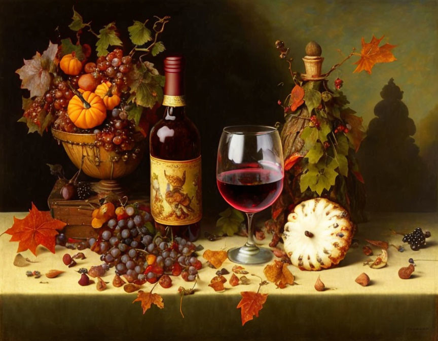 Classic Still Life Painting with Red Wine, Fruits, and Pumpkin