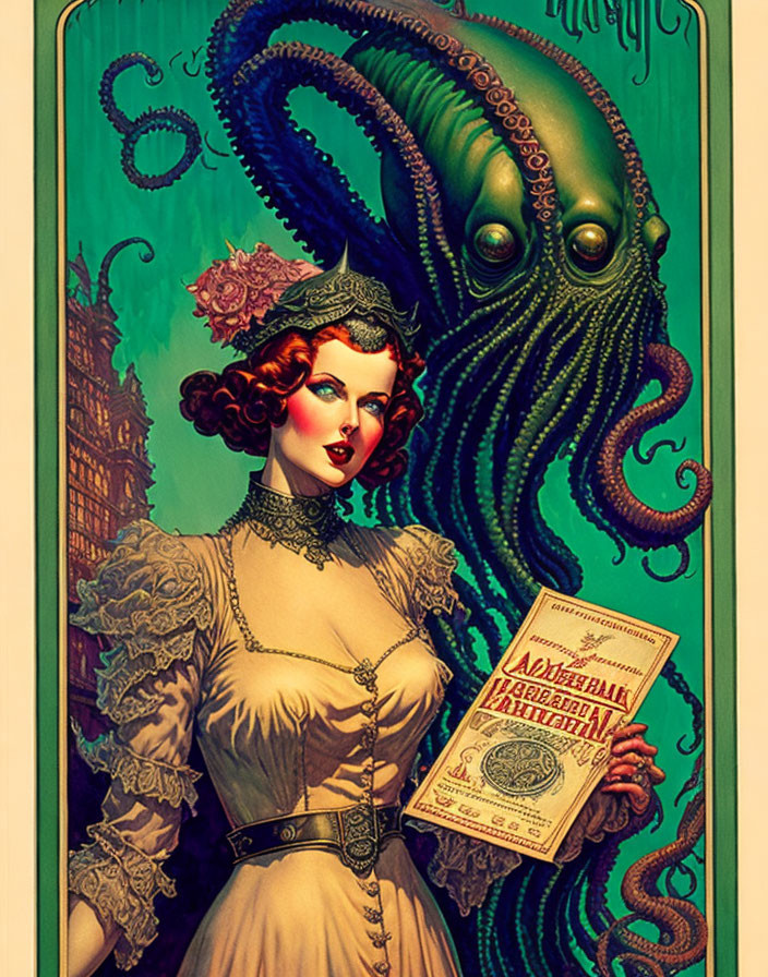 Victorian woman with sheet music and octopus in vintage illustration