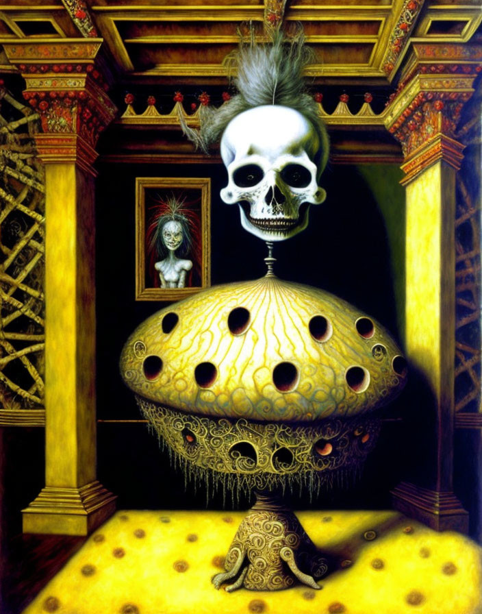 Skull levitating above spotted mushroom in golden room