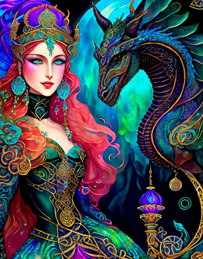 Colorful Illustration: Woman with Red Hair and Dragon in Fantastical Setting