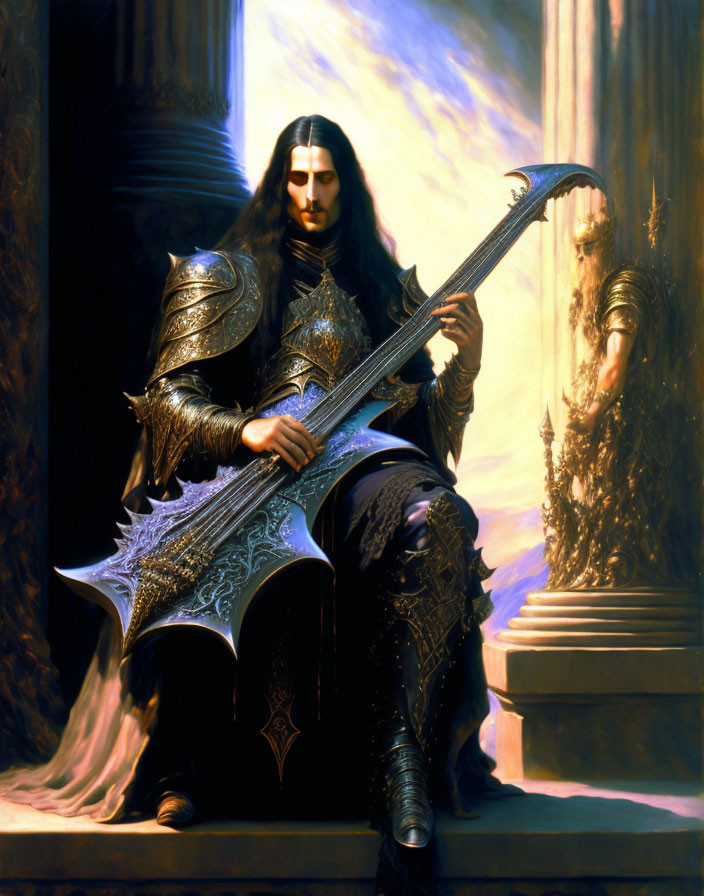 Armored figure with dark hair on throne with fantasy guitar and ornate mirror.