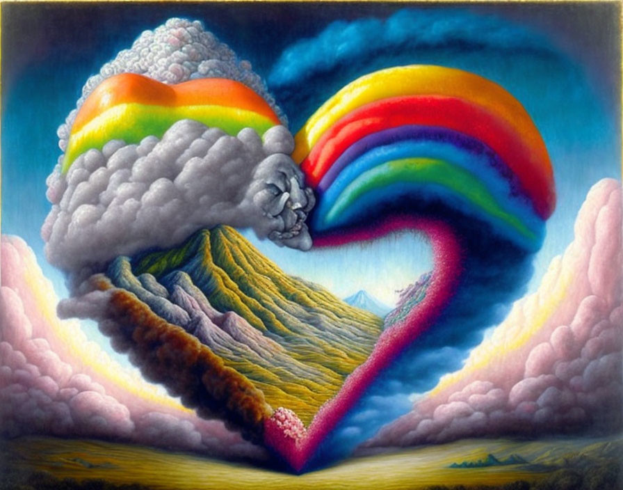 Mountain landscape with heart-shaped rainbow and human face cloud.