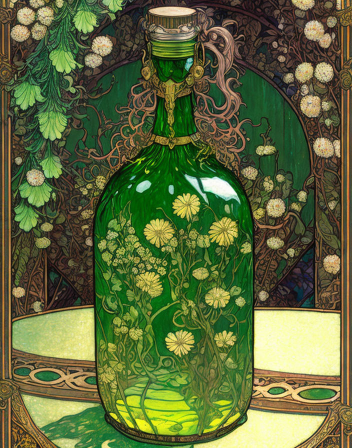 Green bottle with white floral patterns on Art Nouveau plant backdrop