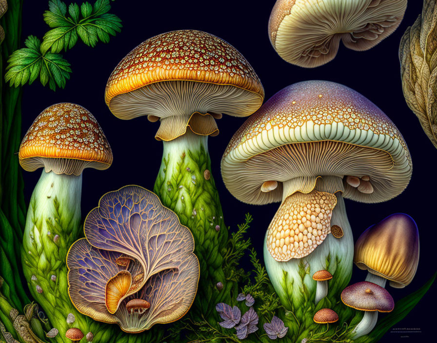 Detailed Colorful Mushroom Illustration with Intricate Textures on Dark Background