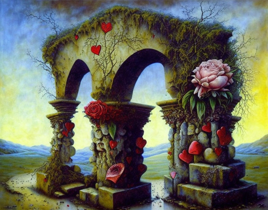 Surreal archway with hearts, ivy, and rose in desolate landscape