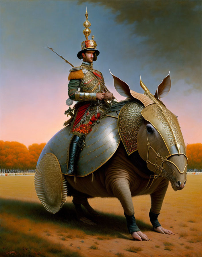 Knight in ornate armor riding oversized armadillo in decorative armor in autumnal landscape