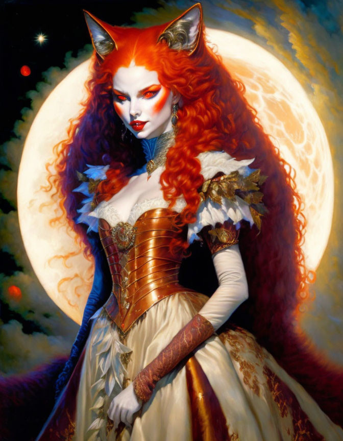 Fantasy character with red hair and fox ears in corset dress against moon backdrop