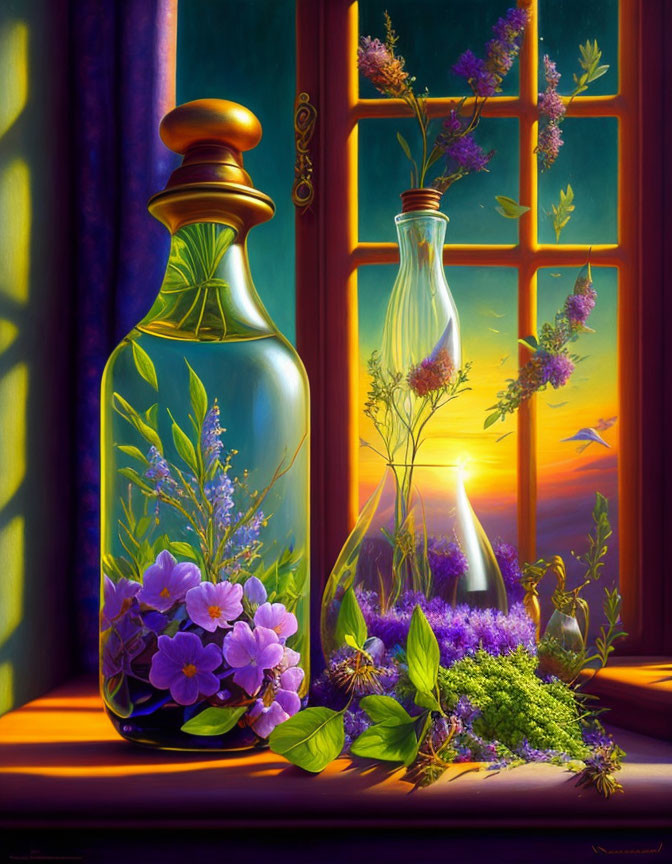 Vibrant flowers and plants in transparent bottles on windowsill