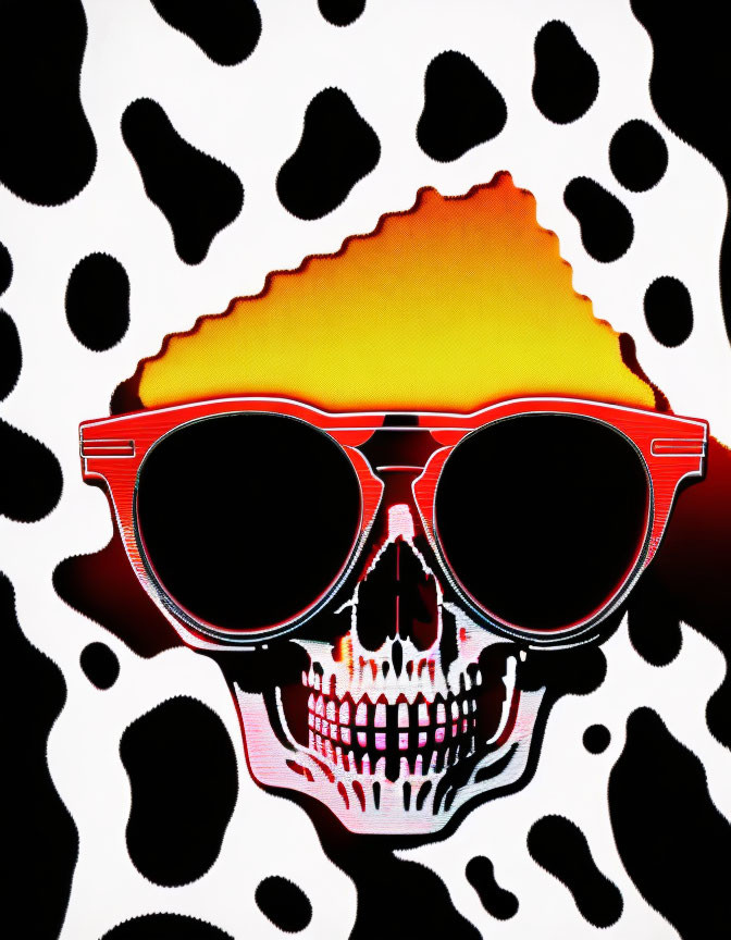 Stylized red and white skull with sunglasses on abstract background