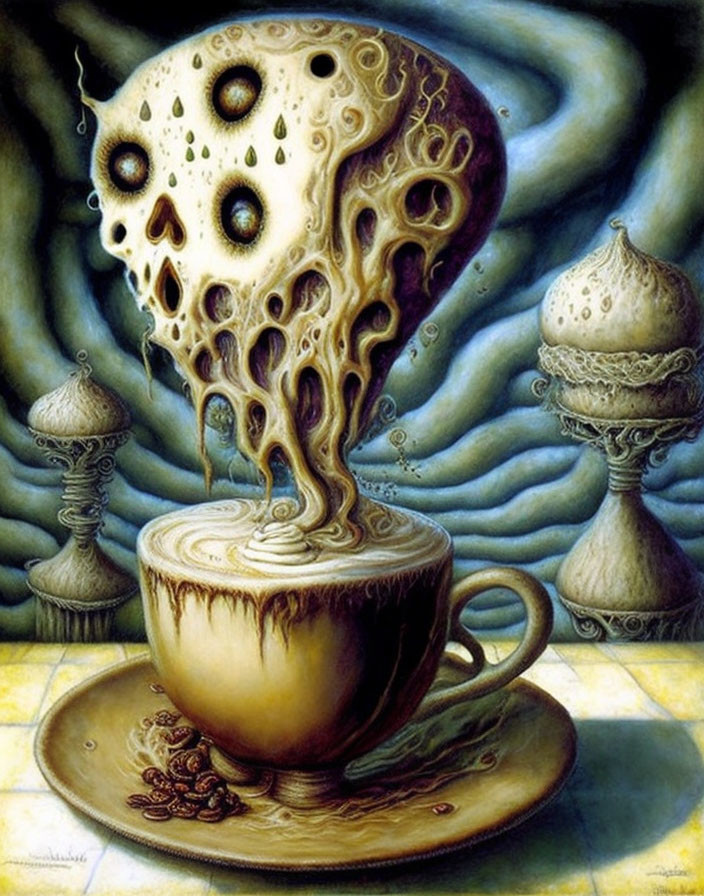 Surreal art: Coffee cup with skull-shaped steam in swirling backdrop