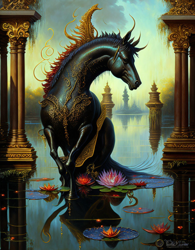 Majestic Black Unicorn with Golden Markings in Reflective Water