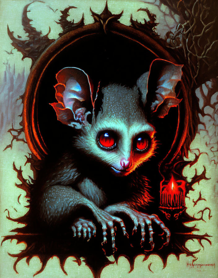 Eerie bat-like creature with red eyes holding a candle in dark fantasy illustration