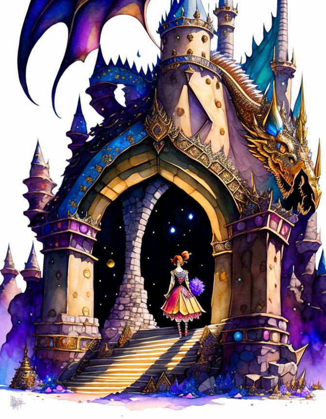 Fantasy castle with dragon sculpture and female character holding staff