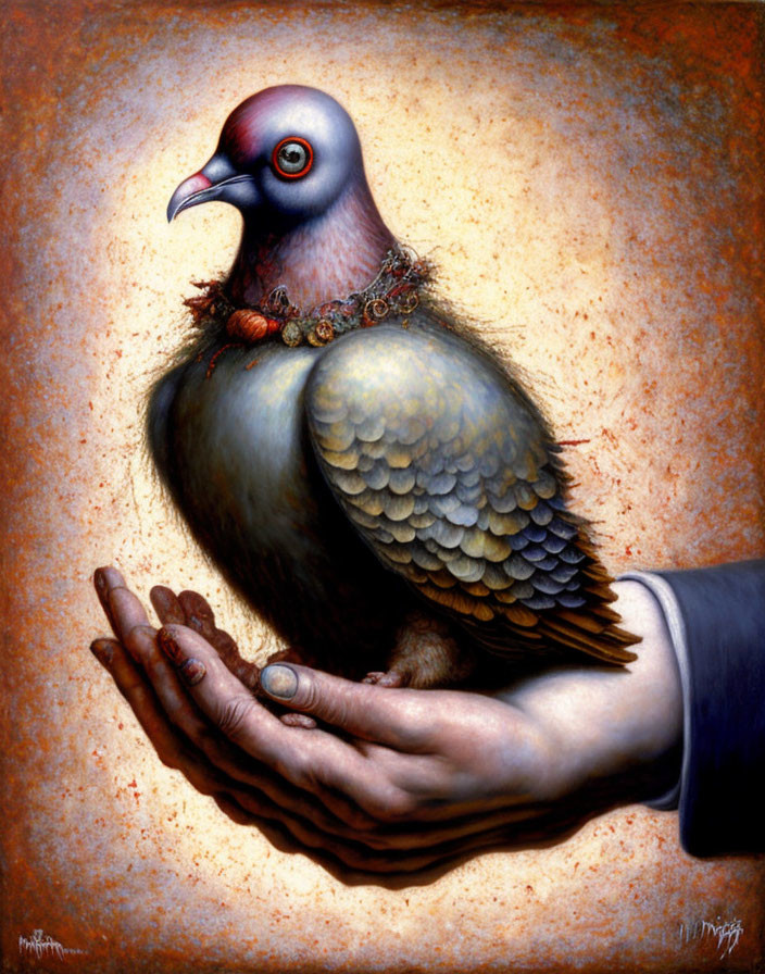 Realistic painting of pigeon with necklace held in hands on warm background