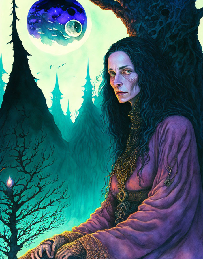 Illustration: Woman in purple dress with gold details in mystical forest under blue moon