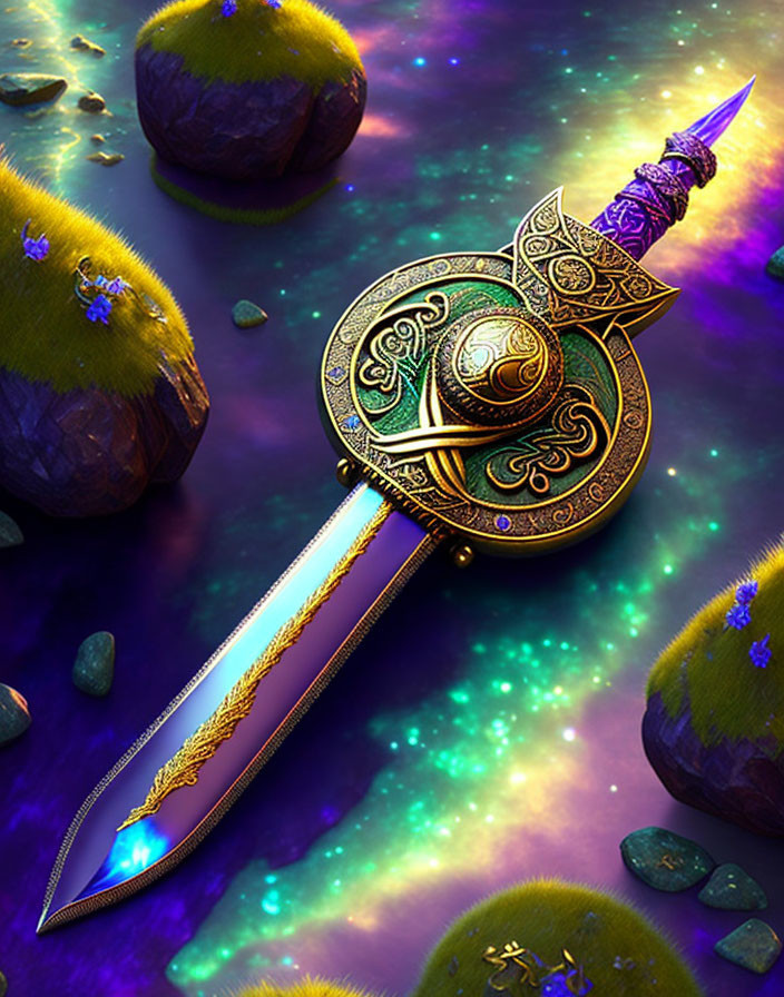 Ornate mystical dagger on reflective surface with floating islands