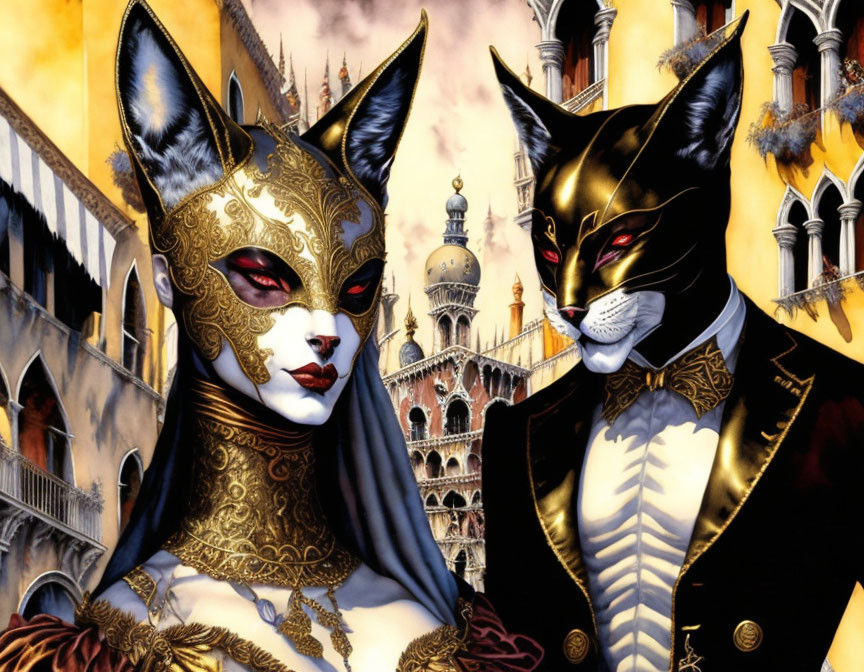 Ornately dressed figures with cat masks in Venetian setting