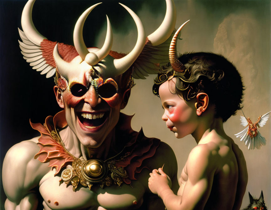 Detailed painting of smiling horned clown figure with child, fantastical creatures in background