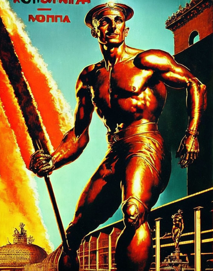 Muscular man poster with hammer against industrial backdrop